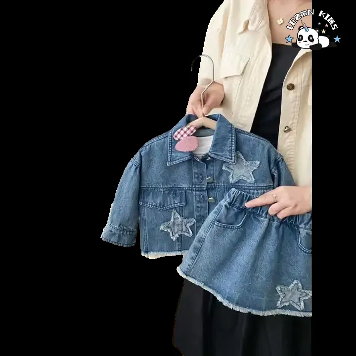 LEZONKIDS - Factory direct price spring autumn cool jacket and skirts denim girls dress sets for 2-14 year